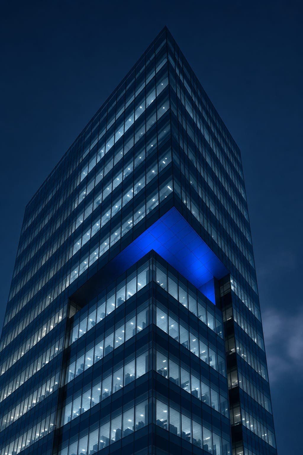 Modern banking headquarters at blue hour, representing the Banking and Financial Services industry
